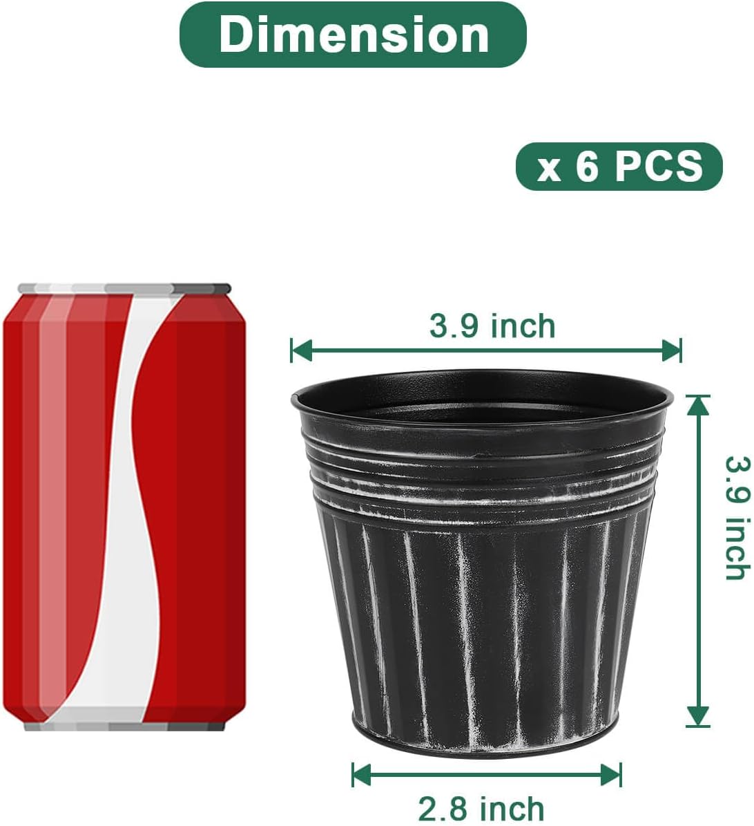 vensovo 4 Inch Black Metal Rustic Flower Pots - 6Pcs Small Galvanized Planters with Drainage Hole and Rubber Plug, Rustproof Metal Bucket Plant Pots Farmhouse Vintage Style for Decor