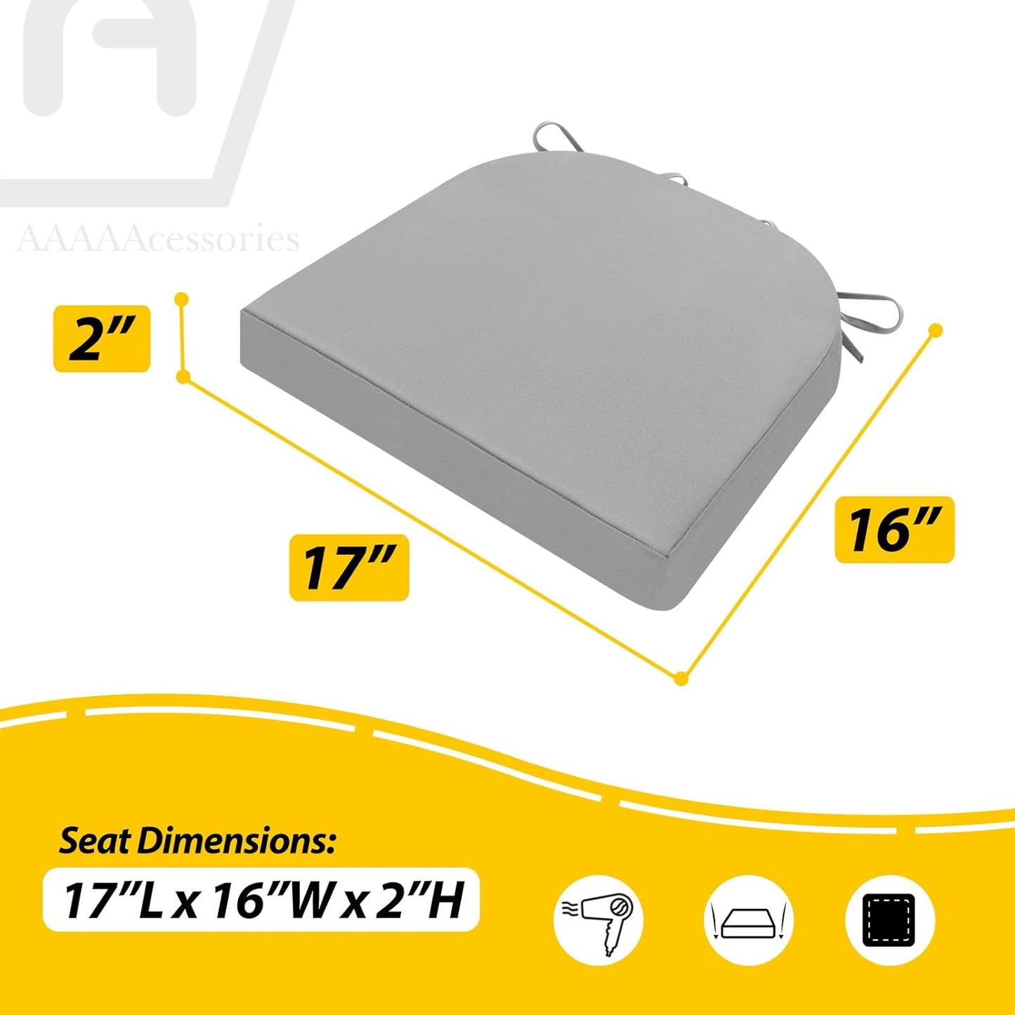 AAAAAcessories Outdoor Seat Cushions for Chairs, Waterproof, Fade-Resistant Patio Furniture Replacement Cushions, 17" x 16" x 2", Set of 2, Gray