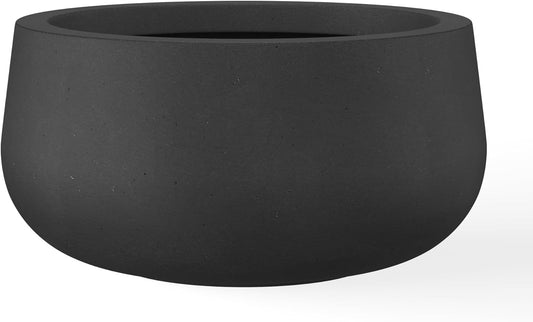 Kante 15.7" Dia Round Concrete Planter, Outdoor Indoor Garden Plant Pots with Drainage Hole and Rubber Plug, Modern Curvaceous Design, Black