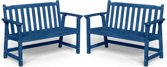 Outdoor Bench, 2-Person HDPE Garden Bench, All Weather Poly Patio Bench for Outdoors, Garden, Backyard, Porch and Park, 550 lbs Weight Capacity, Navy Blue, 2 Pack