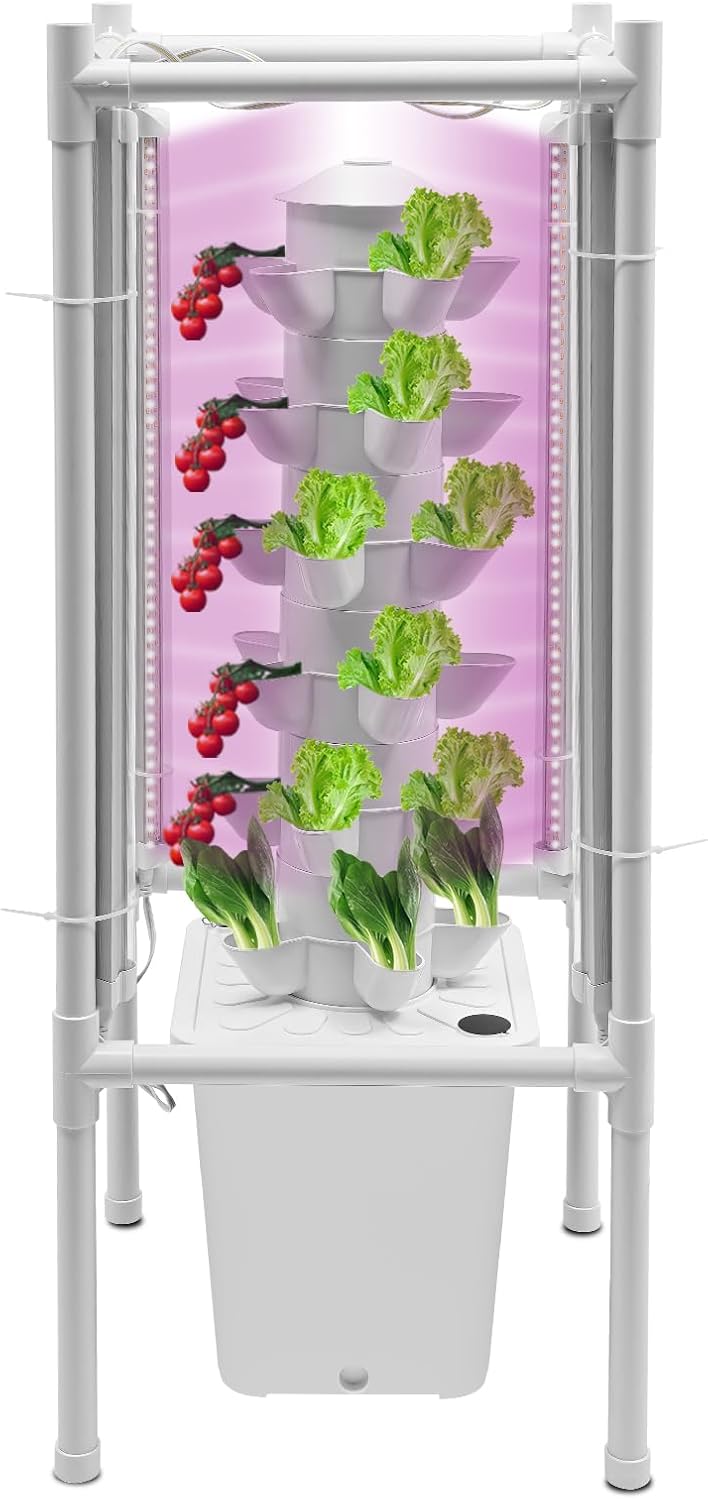 Hydroponics Growing System Kit, 30-Plant Tower Garden Vertical Planter Germination Kit with Grow Light&Water Pump, Herb Garden Planter Indoor Kit, Hydroponic Growing Tower for Indoor Gardening (White)