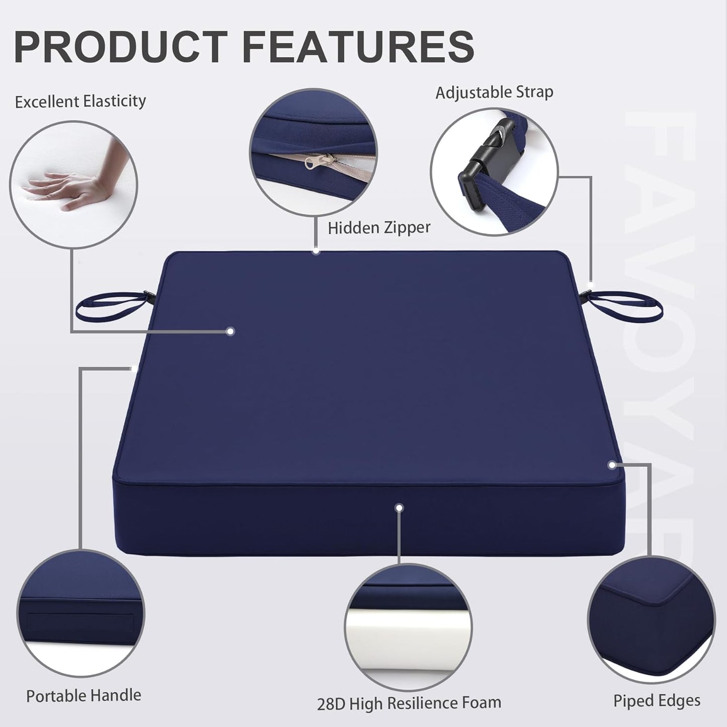 Favoyard Patio Chair Cushions 22 x 22 x 3 Inch Waterproof Outdoor Seat Cushions for Patio Furniture 3-Year Color Fastness Garden Sofa Couch Pads with Handle & Adjustable Straps Set of 2, Blue