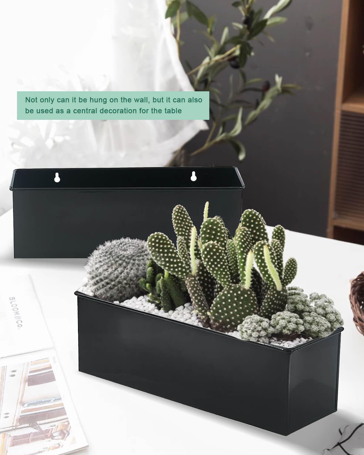 vensovo Metal Wall Hanging Planter Boxes – 12" Rectangle Flower Pots, 3 Pack with Drainage, Durable Galvanized Finish for Indoor Outdoor Balcony Fence Windowsill, Black