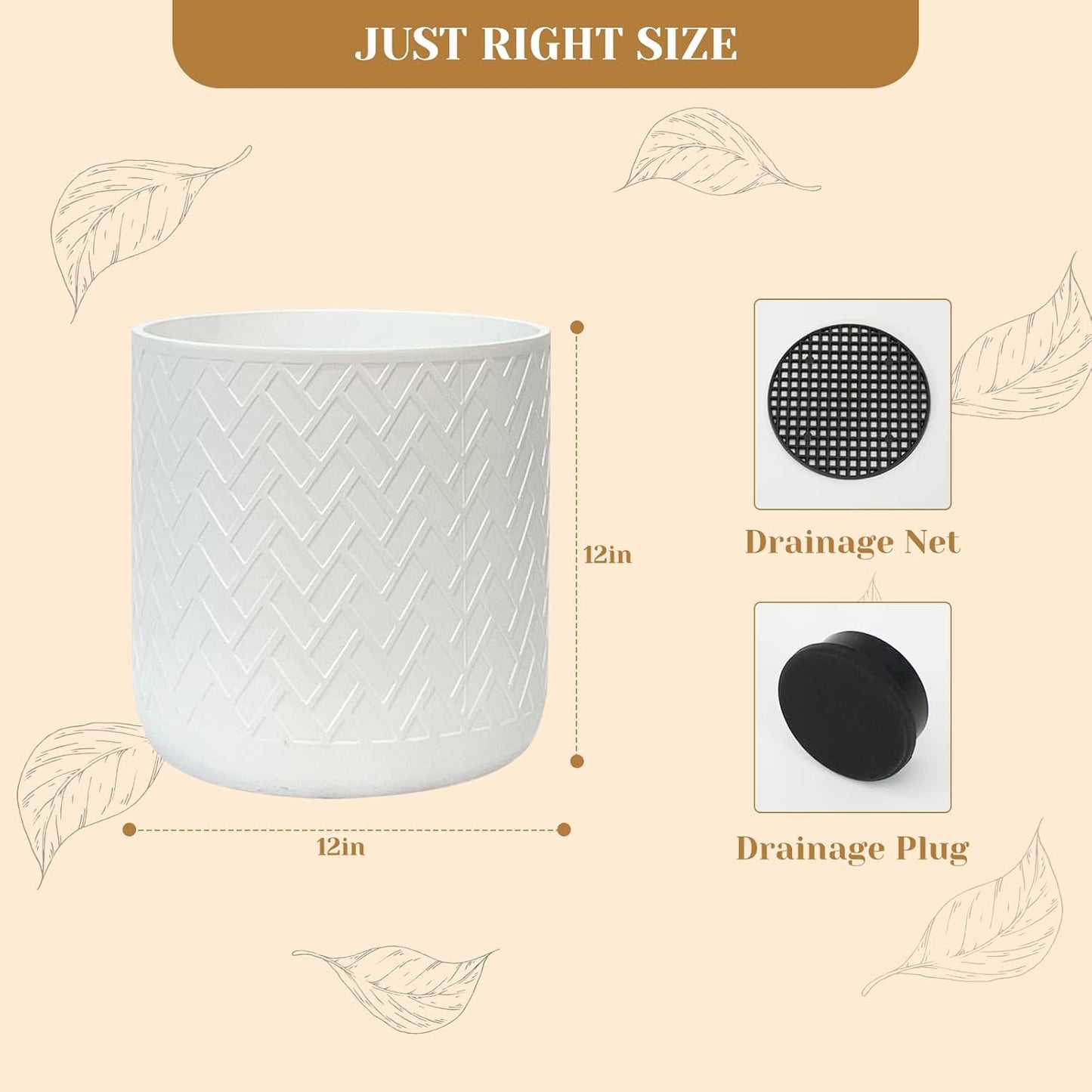 12 Inch Flower Pot Without Bracket with Drainage Holes Suitable for Indoor and Outdoor Decorative Planting (White Rectangle, 12 Inches)