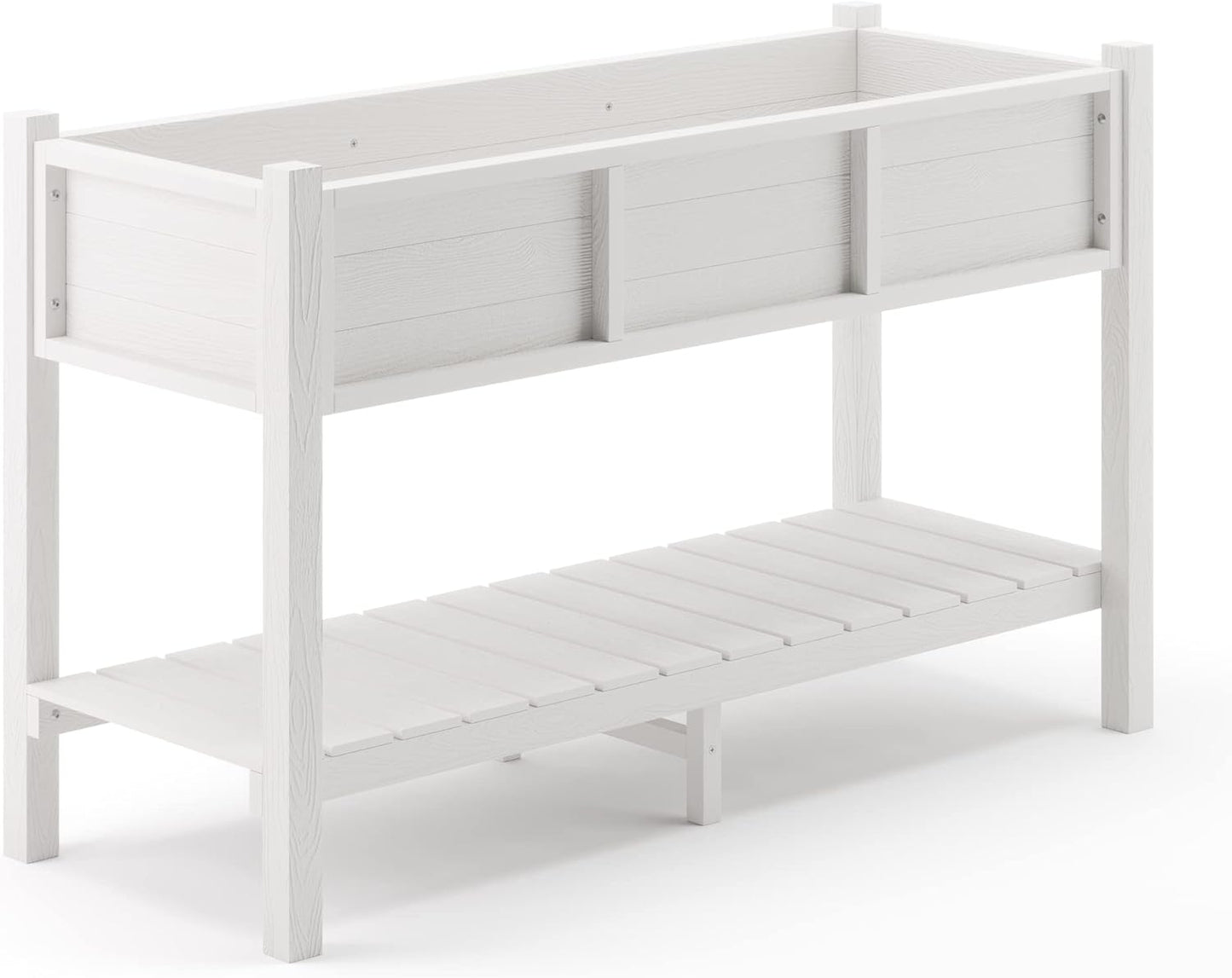 LUE BONA Raised Garden Bed with Tools, 47*18*29 in, Poly Elevated Planter Box with Legs And Storage Shelf, Weather Resistant, 3-Year Warranty, Standing Growing Bed Herb Planter for Vegetable, White