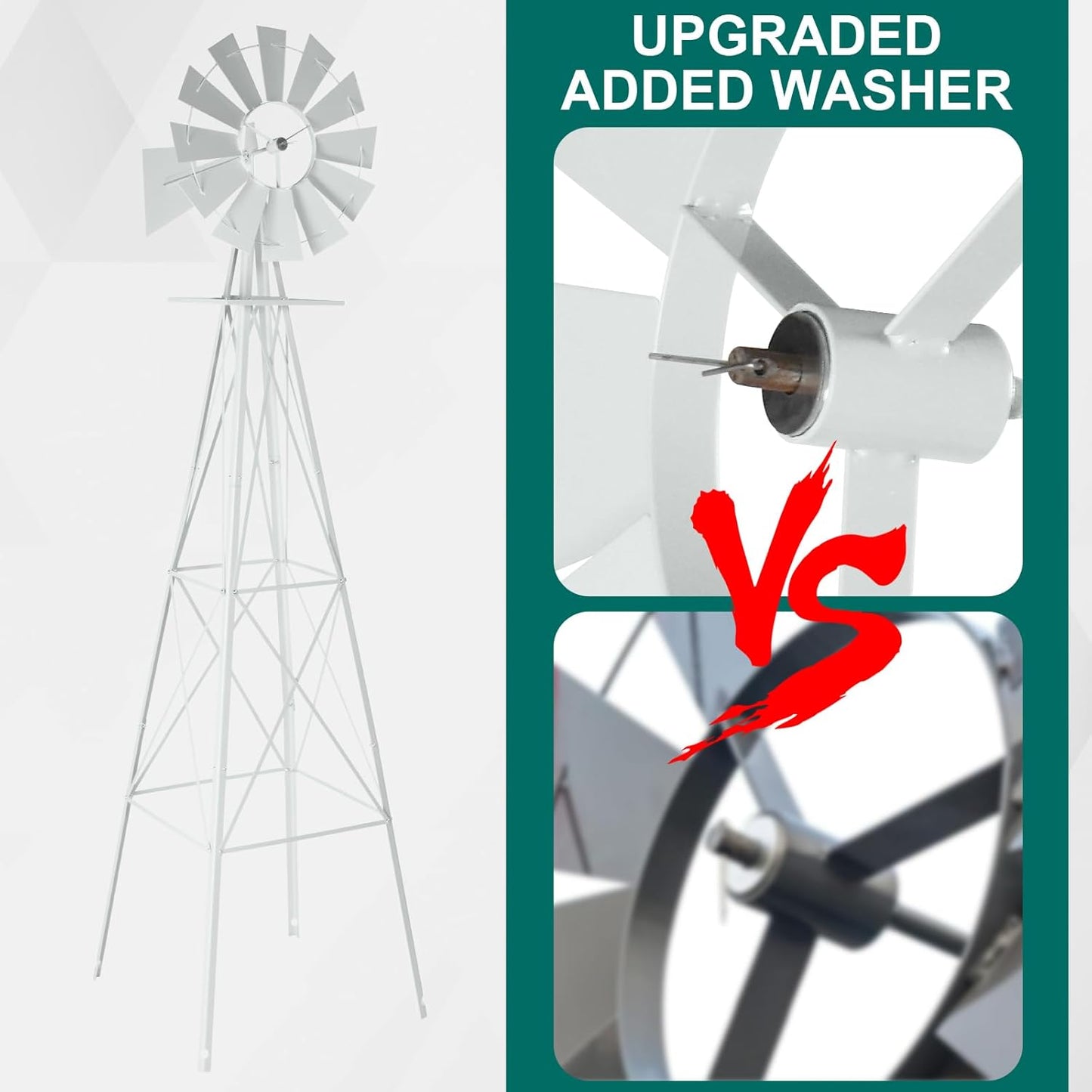 VINGLI 8FT Ornamental Windmill Backyard Garden Decoration Weather Vane, Heavy Duty Metal Wind Mill w/ 4 Legs Design,White