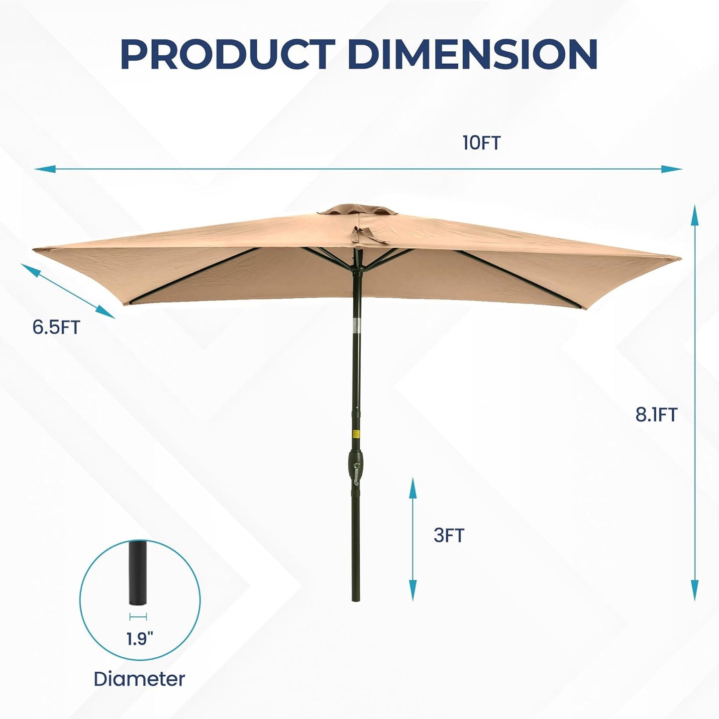 SUNVIVI OUTDOOR Patio Umbrella, 6.5' x 10' Rectangular Patio Umbrella, Metal Pole Square Outdoor Umbrella with Crank and Push Button Tilt, 6 Steel Ribs, Polyester Canopy