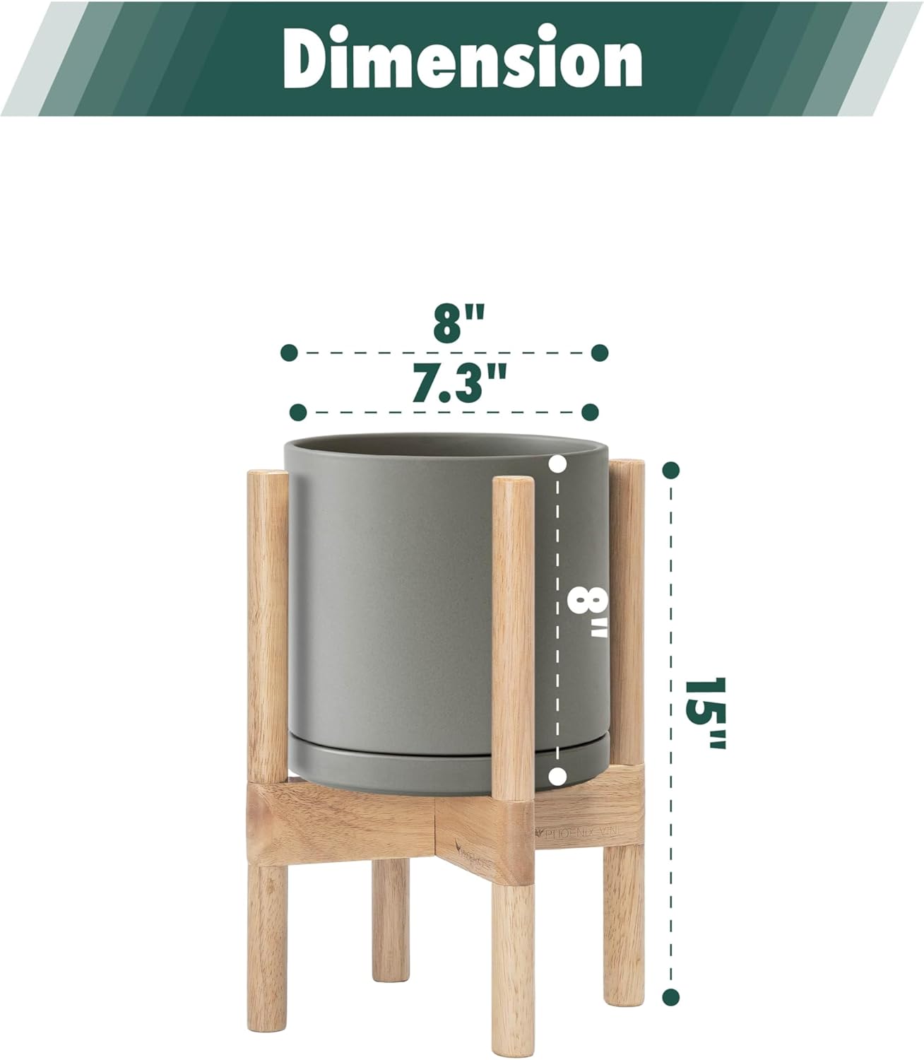 D'vine Dev Ceramic Planter with Natural Stand - 8 Inch Modern Round Flower Pot with Wood Planter Holder, Grey, 55-B-N-3