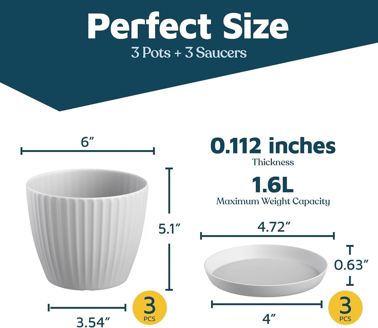 White 6-Inch Plant Pots with Drainage & Saucers 3 Pack, Indoor & Outdoor Planters for Houseplants, Herbs, and Flowers, Durable & Weatherproof Material, Stackable, Lightweight, Minimalist Design