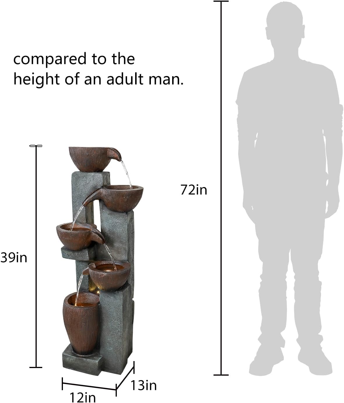 Naturefalls 39” H Modern Outdoor Fountain - 5 Crocks Outdoor Garden Fountains with Contemporary Design&LED Light for Garden, Patio, Deck, Porch, Backyard and Home Art Decor