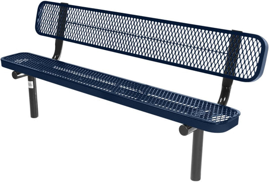Coated Outdoor Furniture Heavy-Duty Outdoor Bench Thermoplastic Coated, Expanded Metal, Commercial-Grade Seating, Made in America (Inground with Back, 6 Ft, Textured Dark Blue)