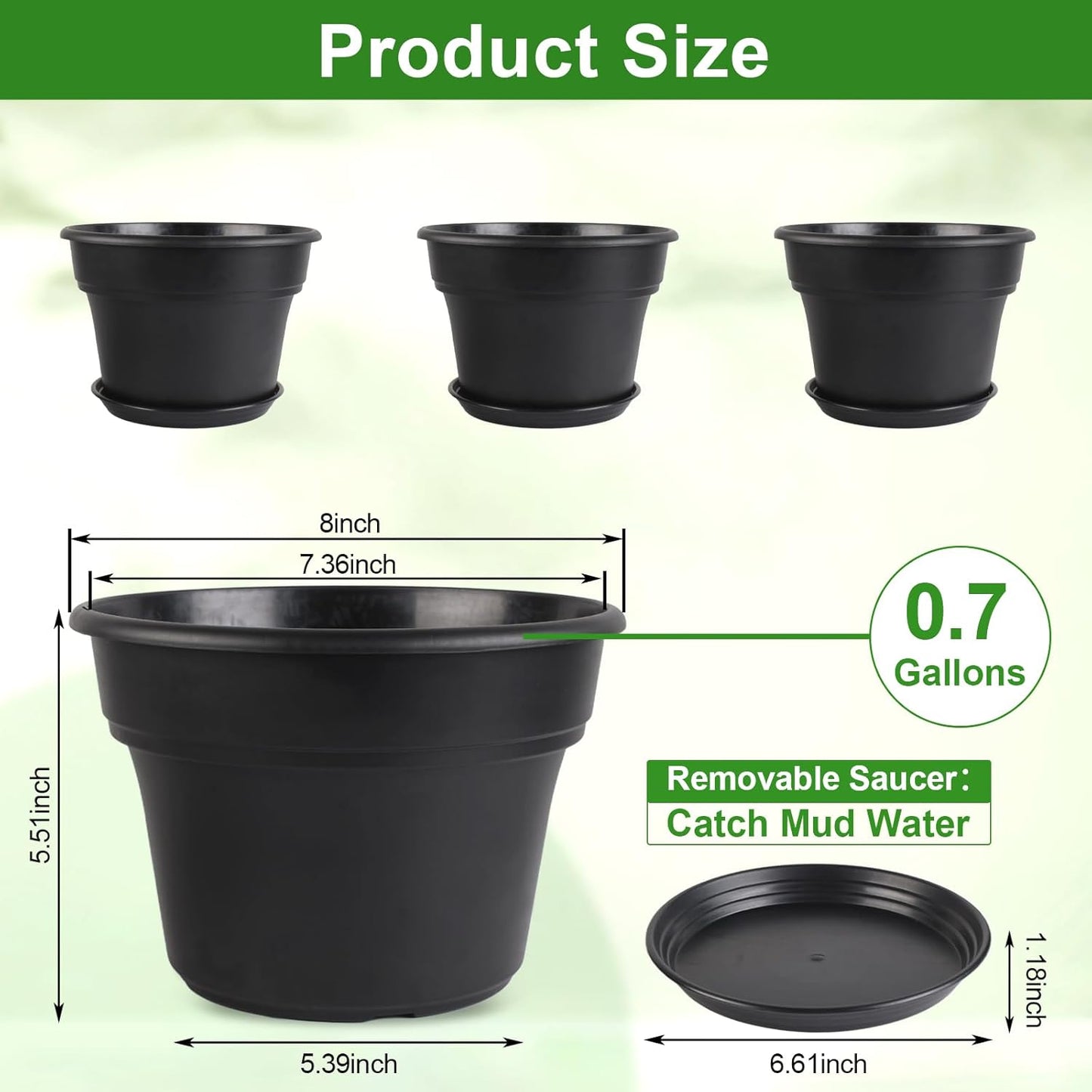 8-inch-Plant-Pots-Indoor-Outdoor, 4 Pack Plastic Planters with Drainage Holes & Saucers, Resin Flower Pots with Trays, Classic Garden Pot Container for House