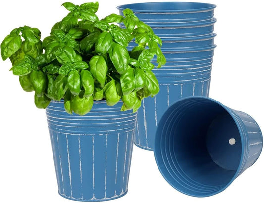 6 Inch Steel Blue Metal Rustic Flower Pots - 6Pcs Galvanized Planters with Drainage Hole and Rubber Plug, Rustproof Metal Bucket Plant Pots Farmhouse Vintage Style for Decor