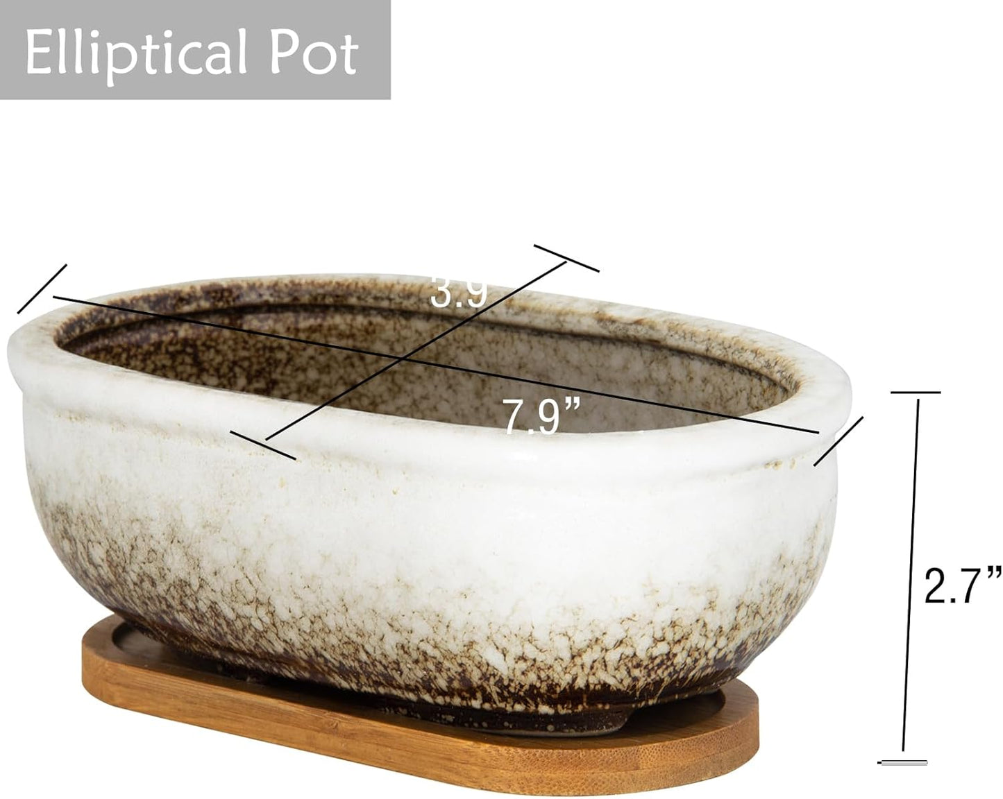 ARTKETTY Succulent Pots, 1 Rectangle Planter + 1 Ceramic Bonsai Pot with Drain Tray, 2 Pack Large Shallow Succulent Planters for Indoor Plants, Round Cactus Flower Plant Pot for Desk Windowsill Decor