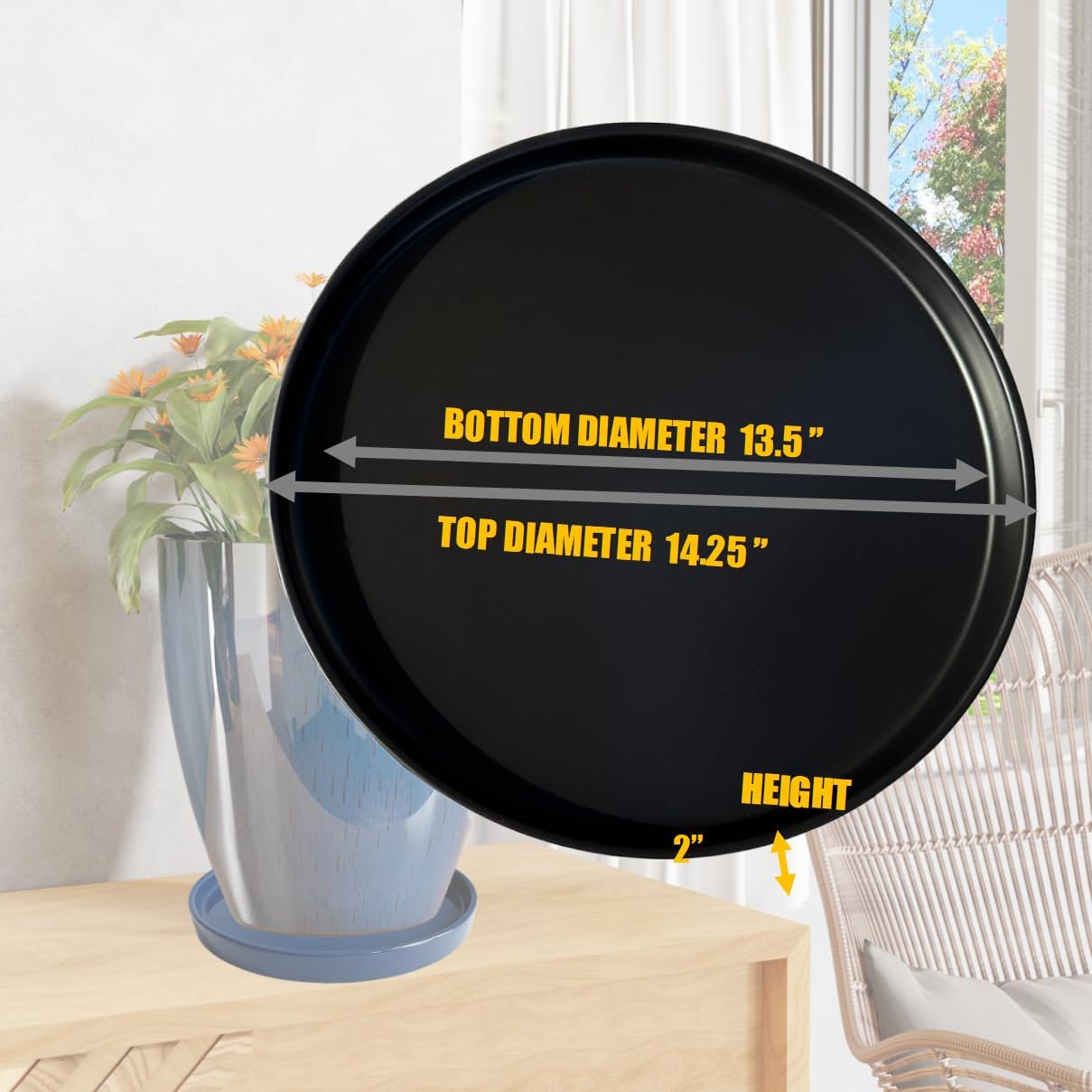 Ceramic Plant Saucer Black Deep Pot Tray - 1 Pack 15 inch, Planter Saucers Water Drip Trays for Indoors Outdoor, Thick Durable Sturdy Flower Pot Saucers for Glazing Pots Base(15"/13.5"-Size)