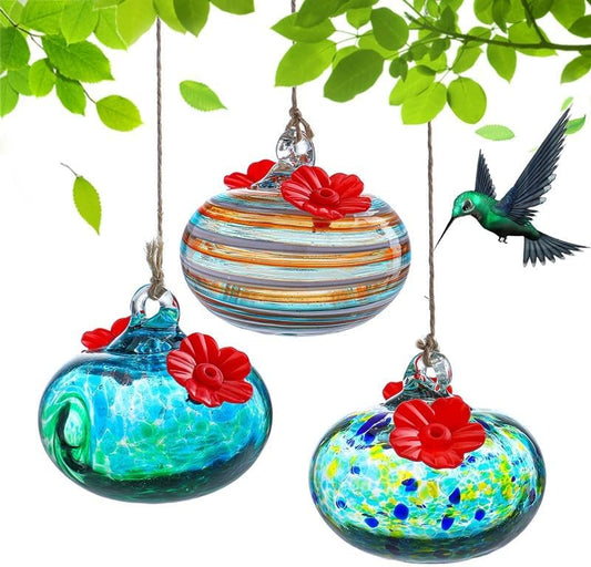 3PCS Small Glass Hummingbird Feeders for Outdoors Hand Blown Glass Humming Bird Feeder for Window Hanging Ant and Bee Proof Humming Birds Feeders