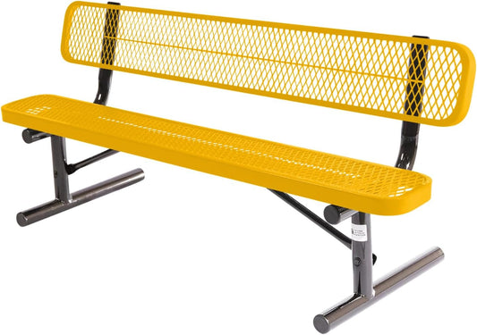 Coated Outdoor Furniture Heavy-Duty Portable Outdoor Bench Thermoplastic Coated, Expanded Metal, Commercial-Grade Seating, Made in America (Portable with Back, 6 Ft, Yellow)