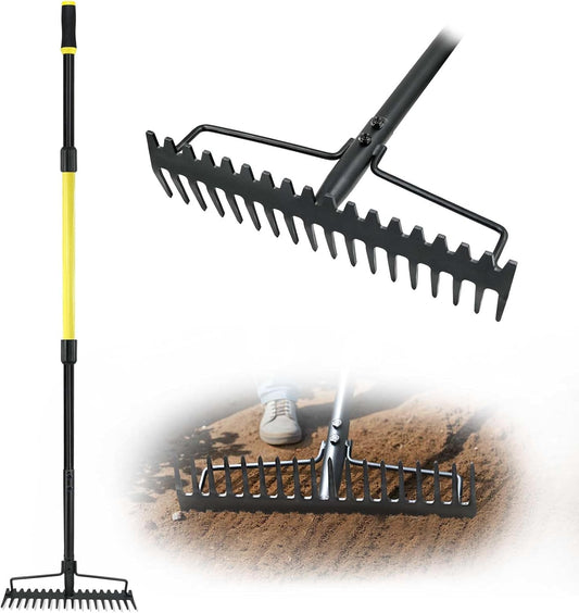 Jardineer Bow Rake Heavy Duty, Long Handle Metal Rakes for Gravel, Rocks, Lawns Leaves, Soil Leveling, Landscaping, Garden Rake with 18 Steel Tines (59 Inches)