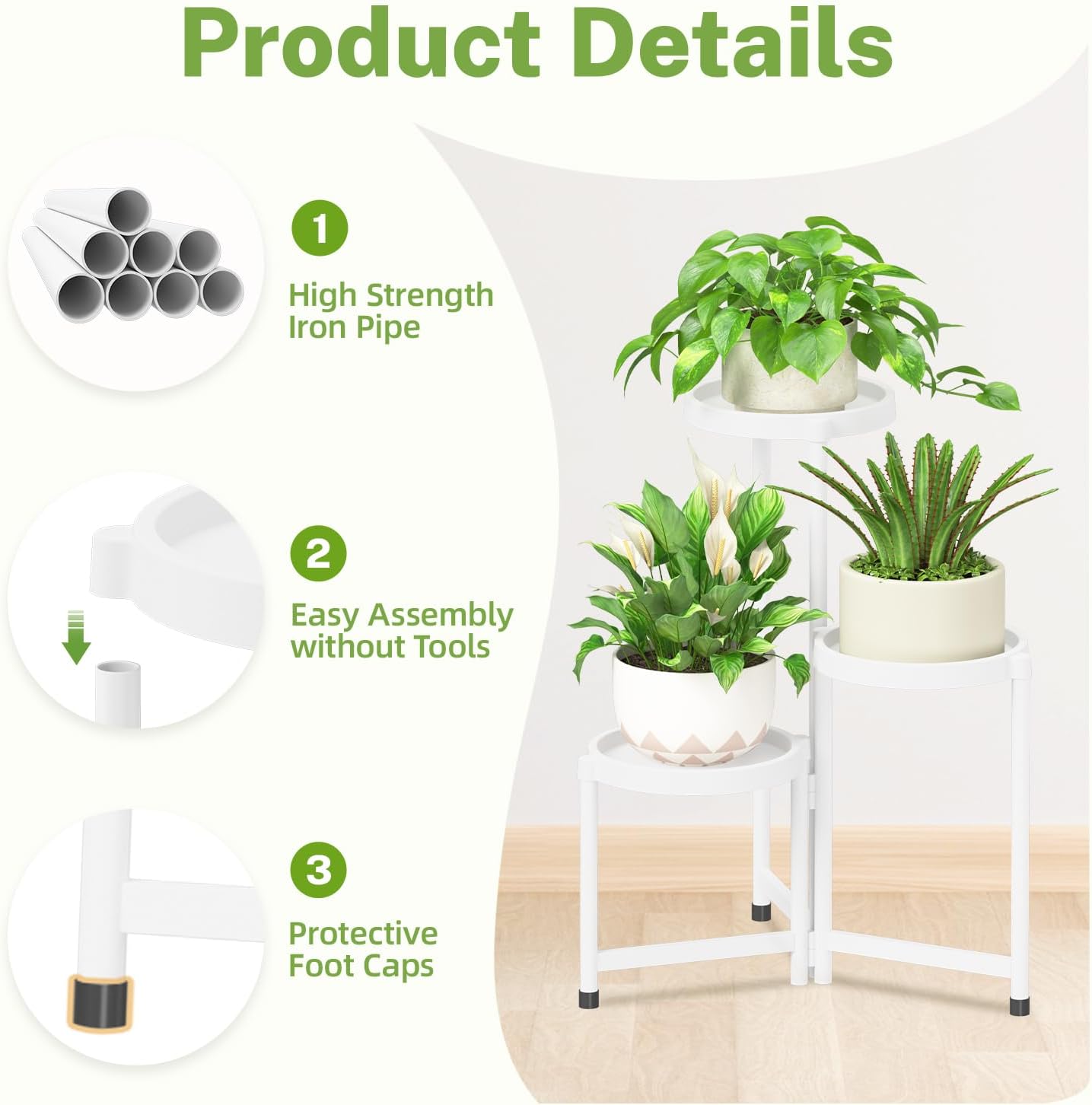 iDavosic.ly 3 Tier Folding Plant Stand Indoor Outdoor with Plastic Tray, Tiered Corner Flower Holder Shelf, Metal Orchid Display Rack for Patio Porch Living Room Garden Balcony, White