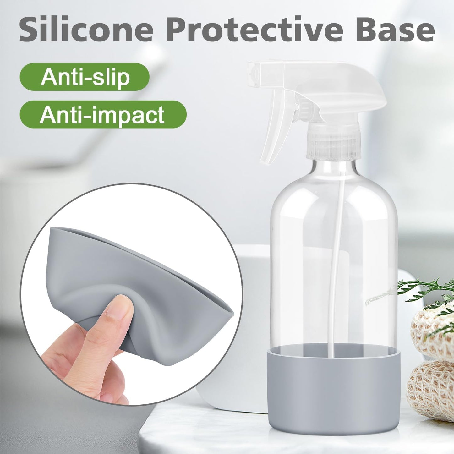 Glass Spray Bottles with Silicone Sleeve Protection, Empty 16 oz Refillable Containers, Reusable Spray Bottles with Adjustable Nozzle for Hair, Cleaning Solutions, 3 Pack Grey