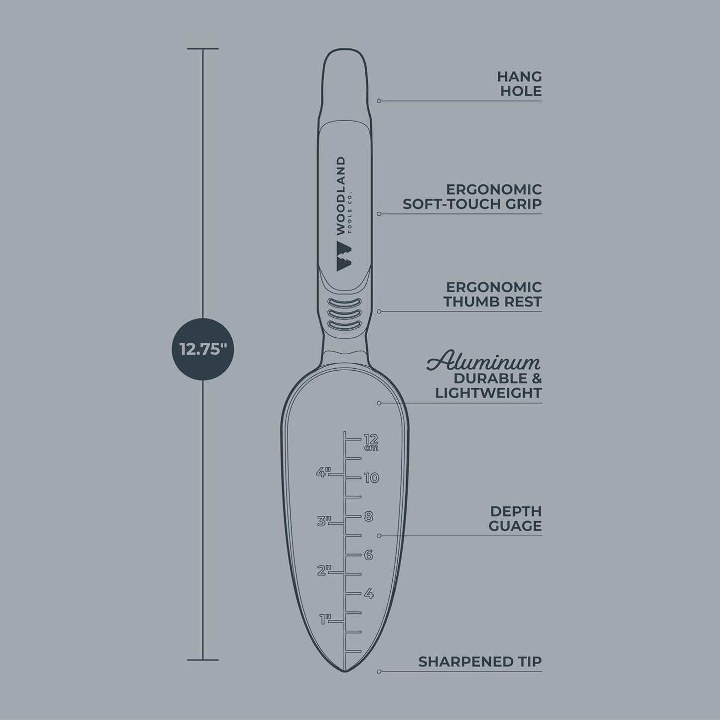 Woodland Tools Heavy Duty Garden Transplanter - Narrow Anodized Aluminum Hand Shovel with Depth Markings and Ergonomic Grip, Planting and Digging Tool for Soil, Flowers, Bulbs, and Raised Beds