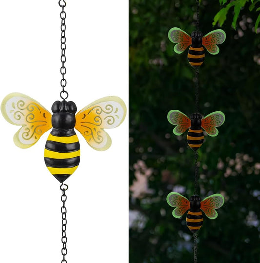 8.4 FT Rain Chains for Outside, Decorative Glow Bee Rain Chain with 12 Cups, Metal Adjustable Rain Catcher Chain, Replacement Downspout for Gutters