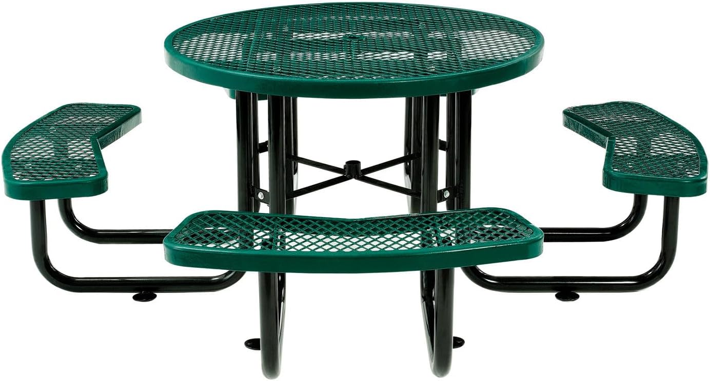 Global Industrial 46" Round Picnic Table, Expanded Metal, Green Thermoplastic Coating, Attached Benches, 1-1/2” Umbrella Pole Hole, Outdoor-Rated, 1000 lb Capacity