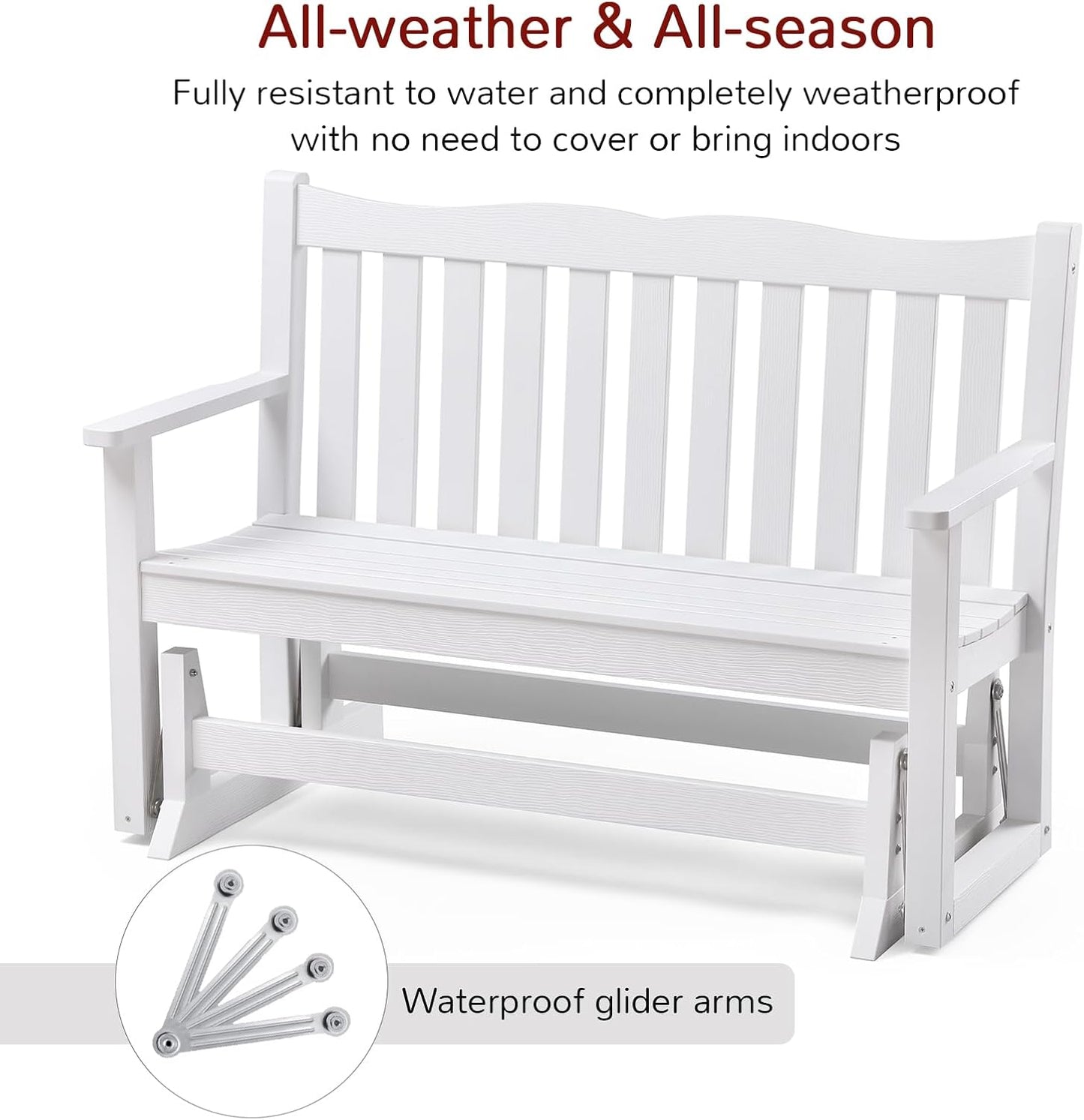 Stoog Outdoor Glider, 2 Person All-Weather Glider Bench with 800 lbs Weight Capacity, Never Fade or Rot, for Backyard, Garden, Deck, and Poolside, White