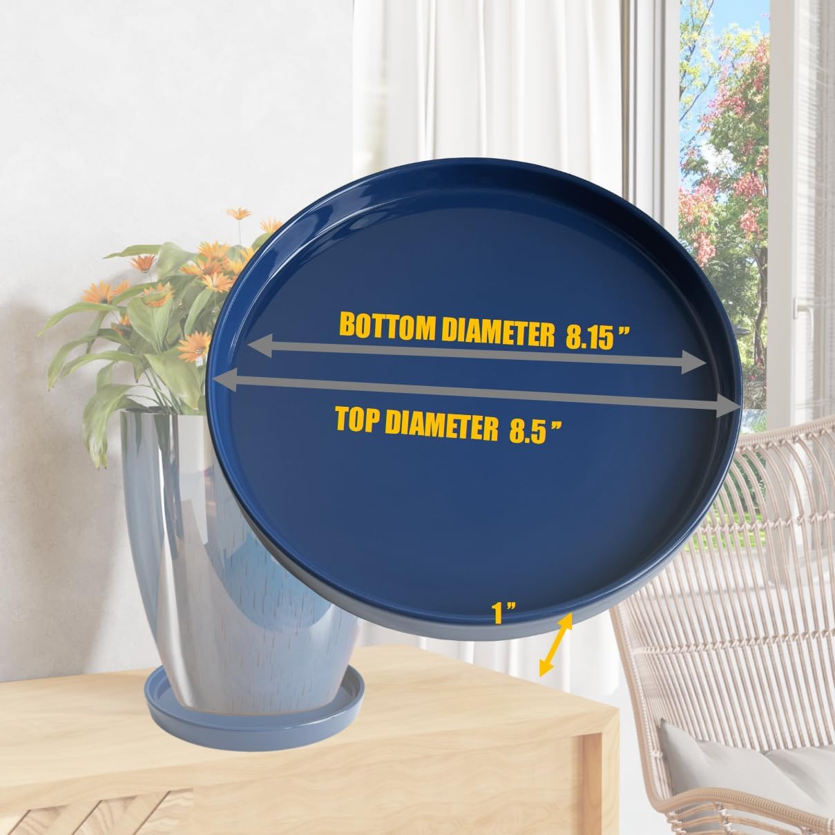 2 Pack Ceramic Plant Saucer Pot Tray 8 Inch, Planter Saucers 4 5 6 7 8 9 10 11 12 Inch for Indoors Outdoor, Durable Sturdy Flower Drainage Tray for Glazed Pots Base (8.5 Inch Blue)