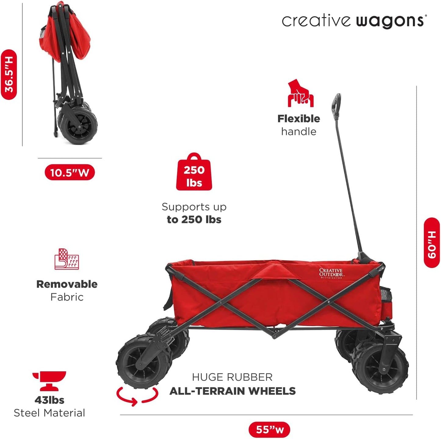Creative Outdoor Wagon for Kids Push Pull Collapsible Stroller Giant All-Terrain Folding Cart | XXXL Monster Series Wagons | Outdoor Garden & Tailgate | Red