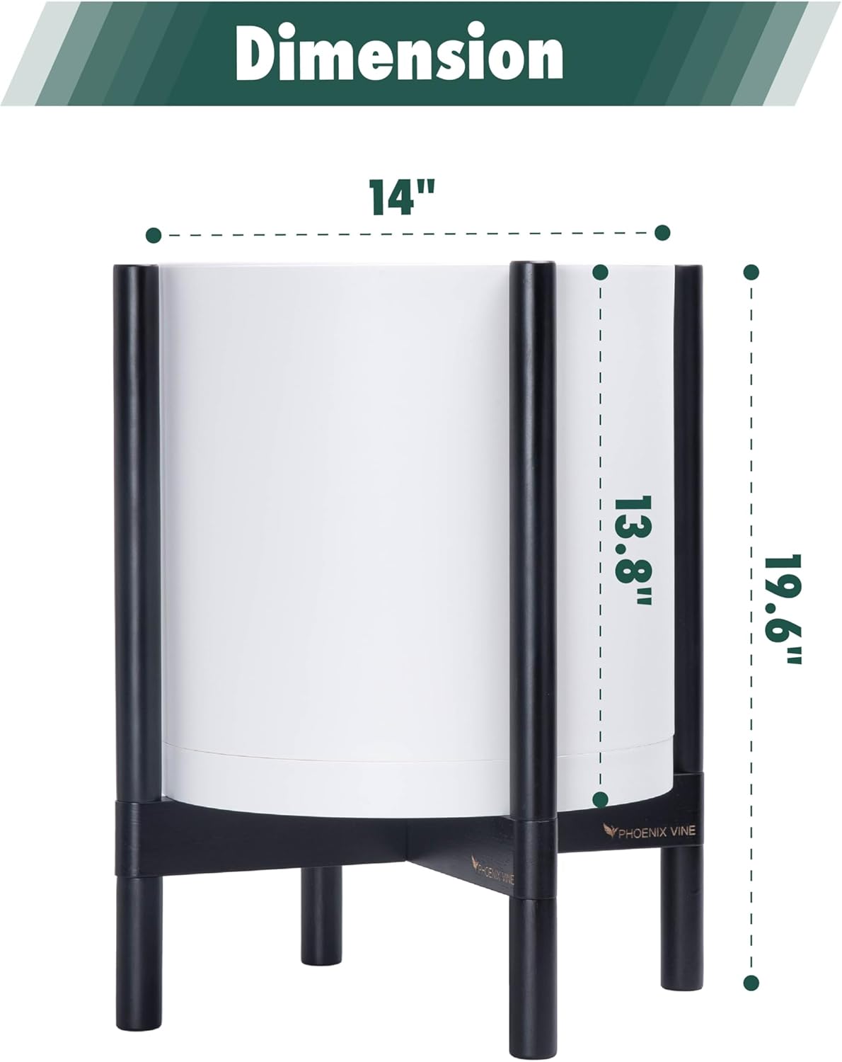 D'vine Dev Planter Pot with Stand - 14 Inch Plastic Cylinder Flower Pot with Wood Planter Holder for Indoor, Matte White Pot + Ebony Stand, 55-C-T-1