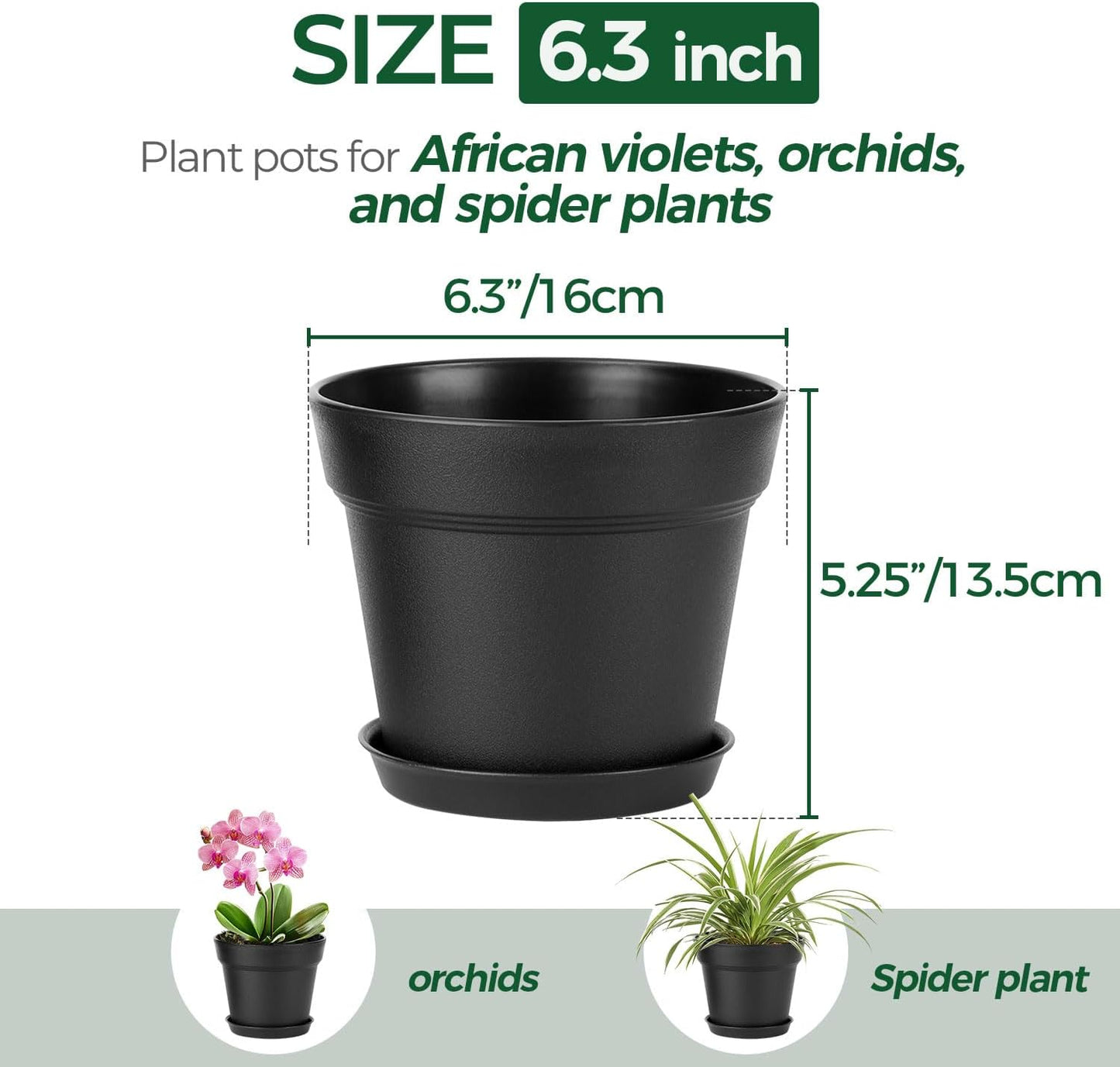 T4U 6 Inch Plant Pot 8-Pack, Plastic Planter with Drainage Hole and Saucer, Decorative Nursery Pots Bulk for African Violet, Snake Plant, Succulent, Herb and Plants Indoor (8 Pcs 6" Pots, Black)