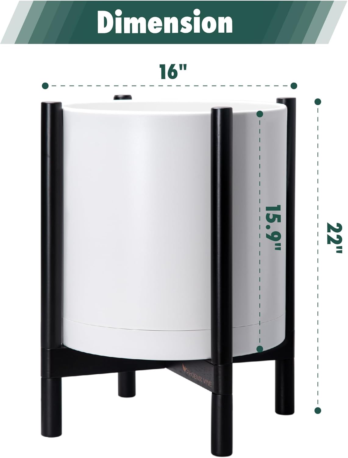 D'vine Dev Planter Pot with Stand - 16 Inch Plastic Cylinder Flower Pot with Wood Planter Holder for Indoor, Matte White Pot + Ebony Stand, 55-C-Z-1