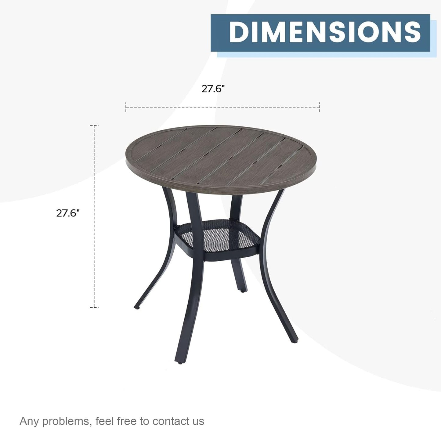 DIFY 27.6" Round Patio Dining Table, Outdoor Bistro Table with Rust Resistant Metal Frame, Ideal for Lawn, Backyard and Deck, Grey Wood-Like