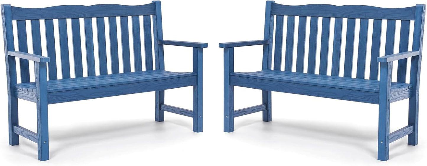Outdoor Benches Set of 2, 2-Person All-Weather HIPS Garden Bench with 800 lbs Weight Capacity, Never Rot or Fade, Blue