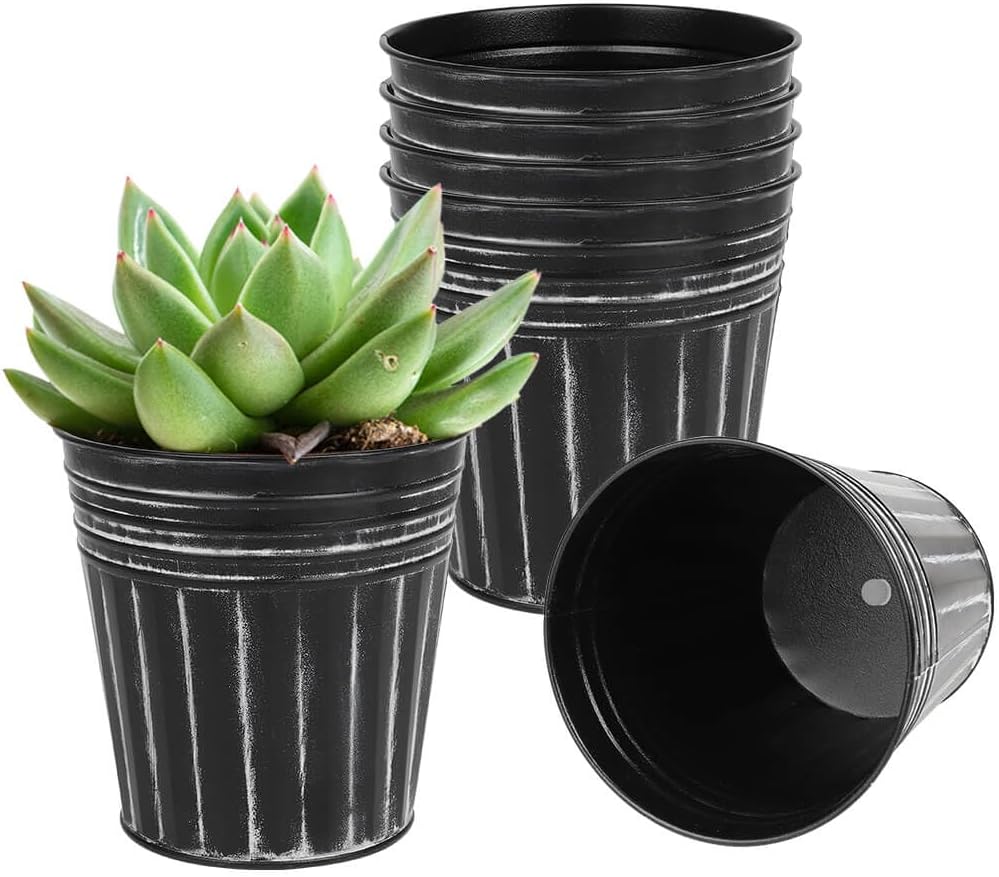 vensovo 4 Inch Black Metal Rustic Flower Pots - 6Pcs Small Galvanized Planters with Drainage Hole and Rubber Plug, Rustproof Metal Bucket Plant Pots Farmhouse Vintage Style for Decor