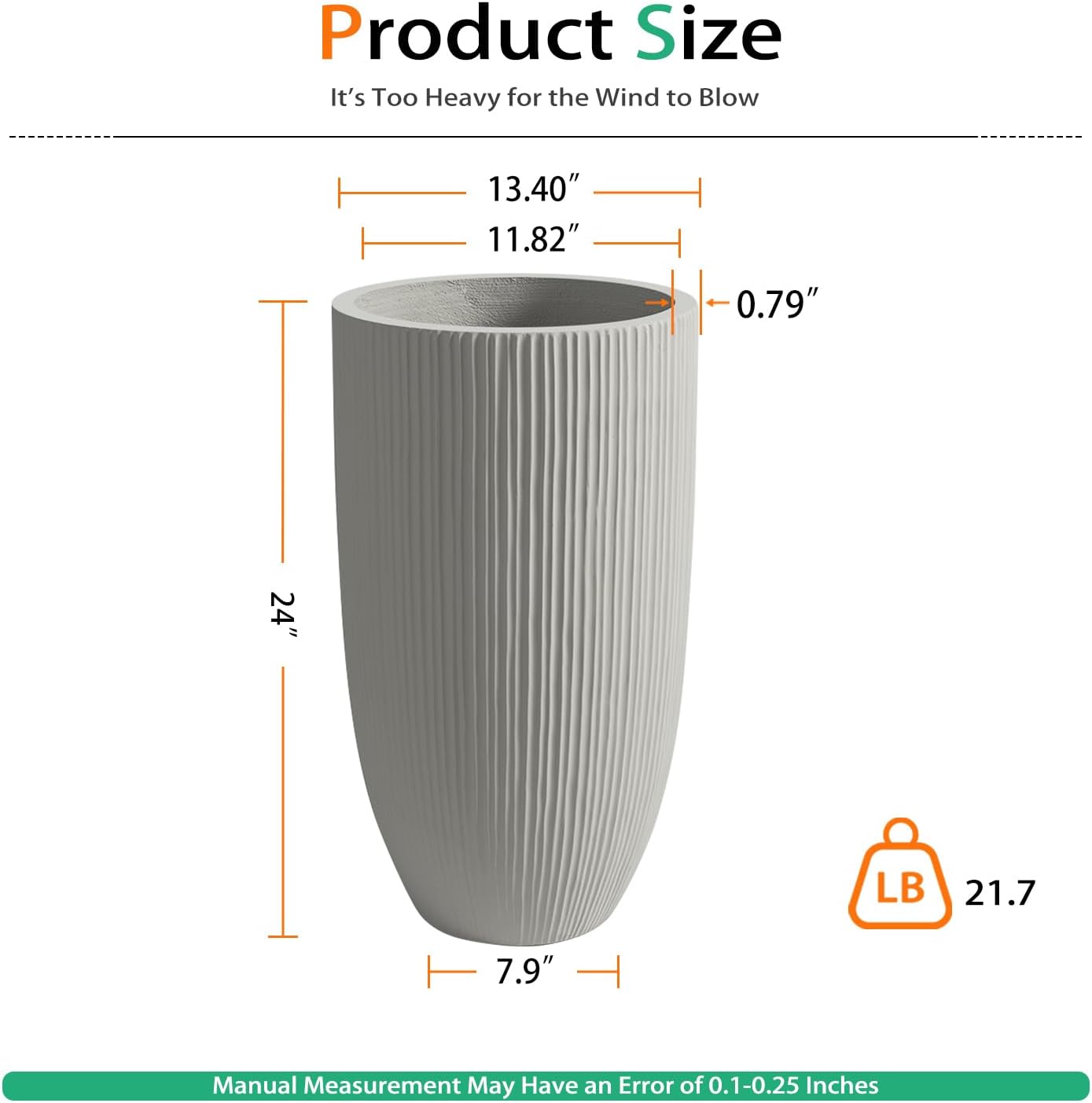 Tall Planters for Outdoor Plants, Large Concrete Flower Pots for Garden Front Porch, Patio, Indoor (Vertical Gray, 24 inch)