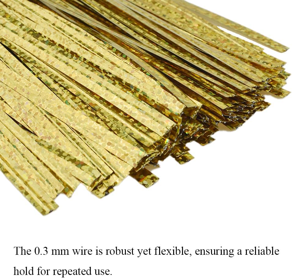 HAHIYO 300Pcs 4inches Holographic Gold Metal Twist Ties Bread Candy Coffee Bag Ties Plant Garden Twist Ties for Cellophane Treat Bags Gift Wraping Bags Plastic Bags Party Cake Present Art Crafts
