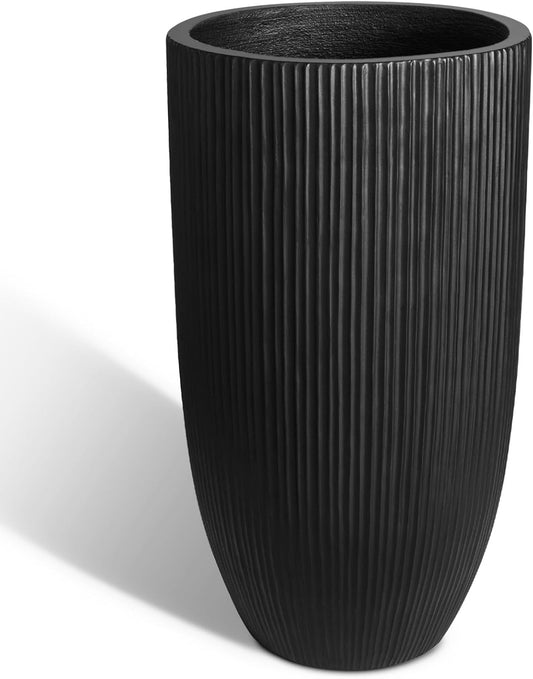 Tall Planters for Outdoor Plants, Large Concrete Flower Pots for Garden Front Porch, Patio, Indoor (Vertical Black, 24 inch)