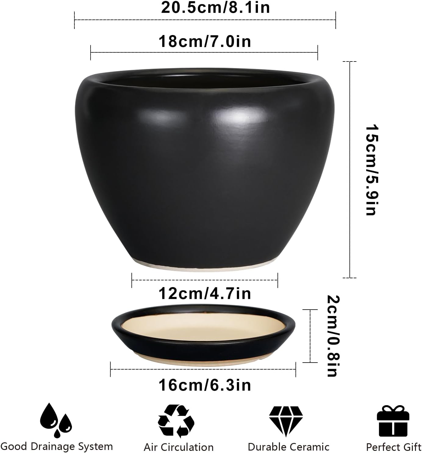 Ceramic Planter Pot - 8 Inch Plant Pot with Drainage Hole and Saucer Round Planter for Indoor Plants Modern Outdoor Flower Pot for House Balcony Black