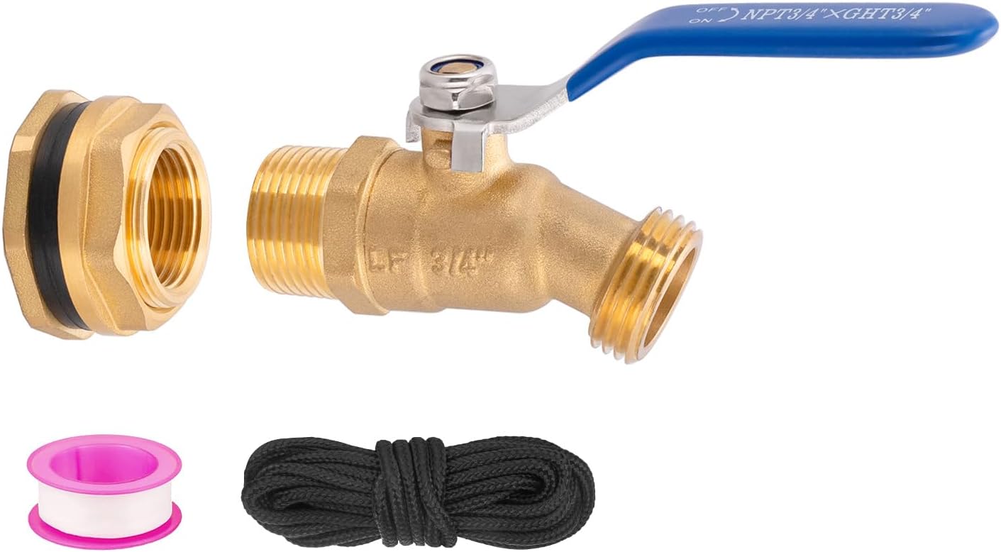 Brass Water Container Rain Barrel Spigot Kit Lead-Free Spigot Kit 55 Gallon Water Tank Ball Valve,3/4"Inlet to 3/4"GHT Male Thread Outlet Suitable for Garden Hose Thread Connection