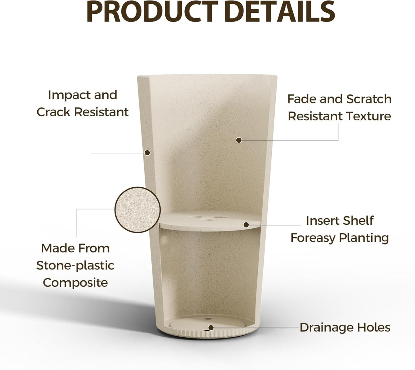 23.6" Tall Outdoor Planters, Set of 2 Large Plastic Flower Pots for Indoor & Outdoor Use, Modern Striped Decorative Garden Planters with Drainage Holes for Patio, Porch, Balcony, Beige