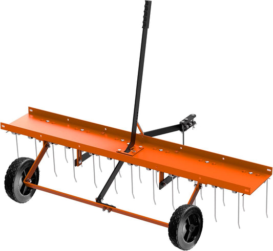 48inch Tow Behind Dethatcher with 24 Spring Steel Tines, Lawn Tractor Rakes with Lift Handle, Tow Behind Rake to Remove Thatch, Riding Lawn Mower Attachments for Outdoor Yard Tools Lawn Care