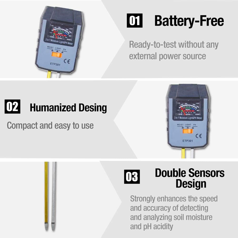 allsun 3 in 1 Soil Monitoring Meter Moisture/Light/PH Tester for Garden Farm Plants, No Battery Needed
