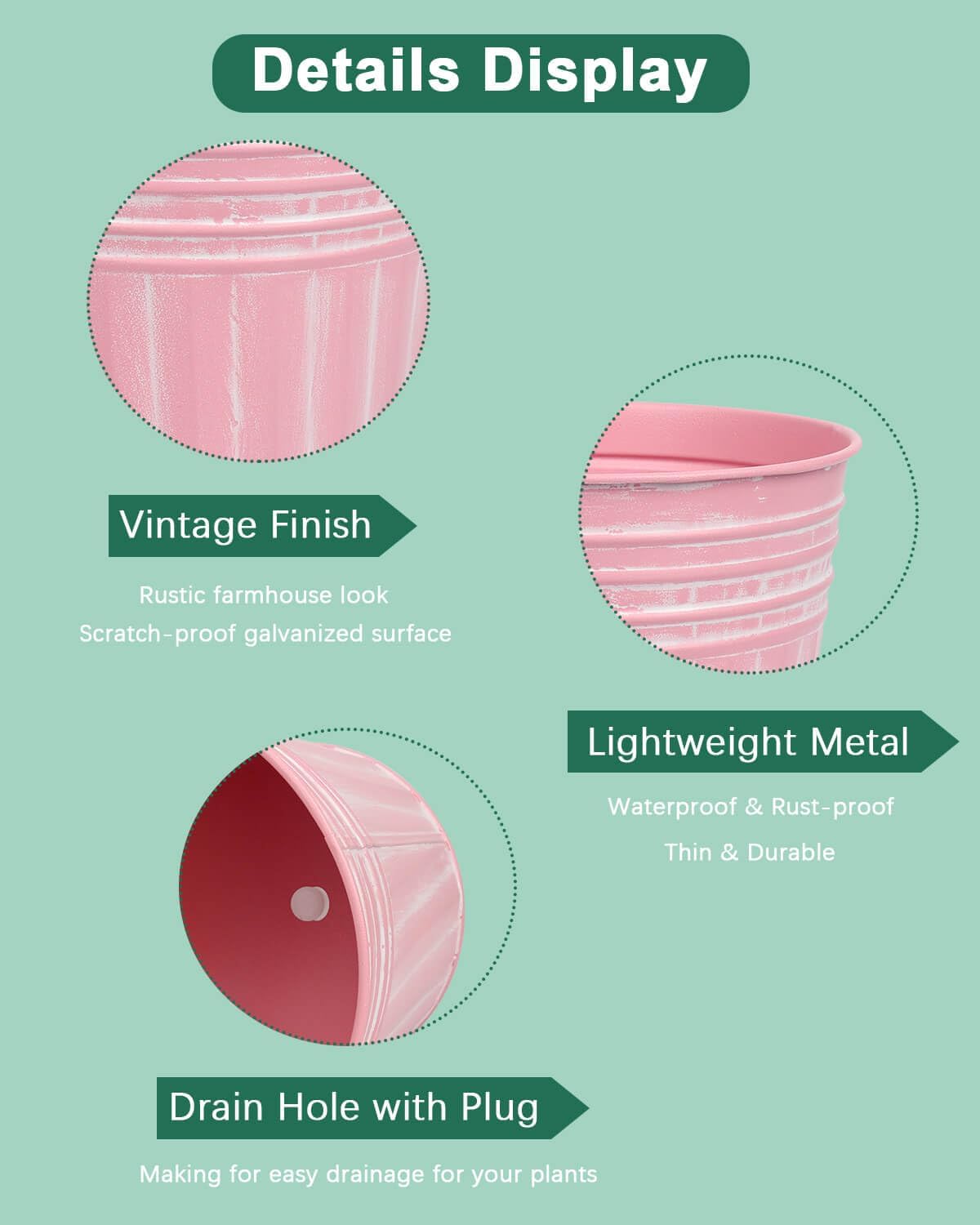 vensovo 4 Inch Pink Metal Rustic Flower Pots - 6Pcs Small Galvanized Planters with Drainage Hole and Rubber Plug, Rustproof Metal Bucket Plant Pots Farmhouse Vintage Style for Decor