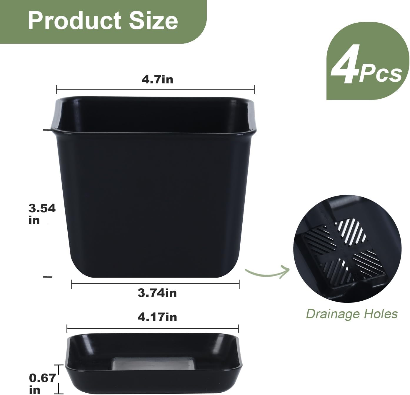 Herb Garden Planter Indoor Kit Pots for Indoor/Outdoor Plants 4 Packs Windowsill Plant Pots with Drainage and Tray, Window Pot for Indoor Plants (Black)