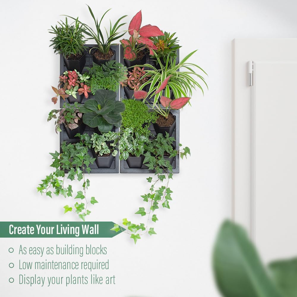 Self Watering Wall Planter with 4 Pots - Easy to Create Indoor Living Wall for Home, Office and Shop Front - Includes Water Gauge (Black)