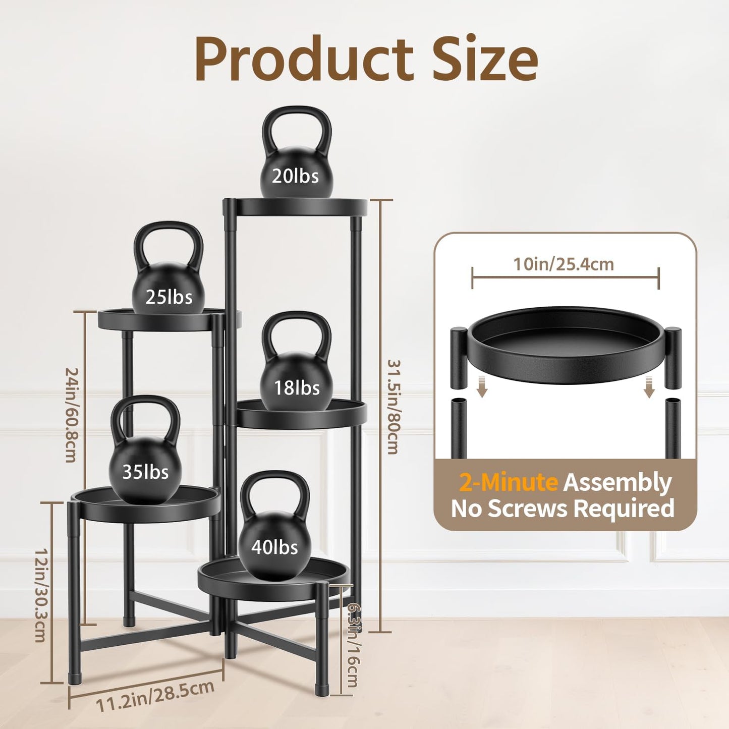 LASZOLA 5 Tiered Folding Plant Stand Indoor for Multiple Large Planter, Tall Heavy Duty Adjustable Rack with Rust Proof 10 Inch Wide Tray, Sturdy Vertical Tree Organizer for Narrow Inside Floor, Black