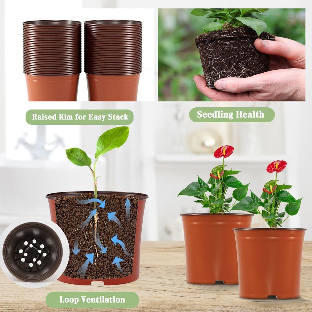 100 Pcs Plant Nursery Pots, 6 Inch Large Plant Seedling Pots with Labels Plastic Plant Flower Pots with Drainage Holes Indoor Outdoor for Succulent Cutting Transplanting