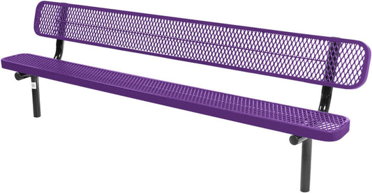 Coated Outdoor Furniture Heavy-Duty Outdoor Bench Thermoplastic Coated, Expanded Metal, Commercial-Grade Seating, Made in America (Inground with Back, 8 Ft, Purple)